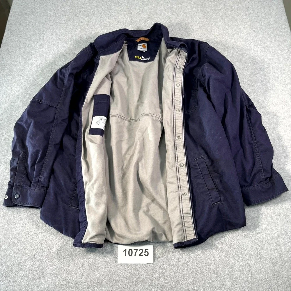 Carhartt Jacket Mens XL Blue Cotton Flame Resistant Workwear Collared Snap Front
